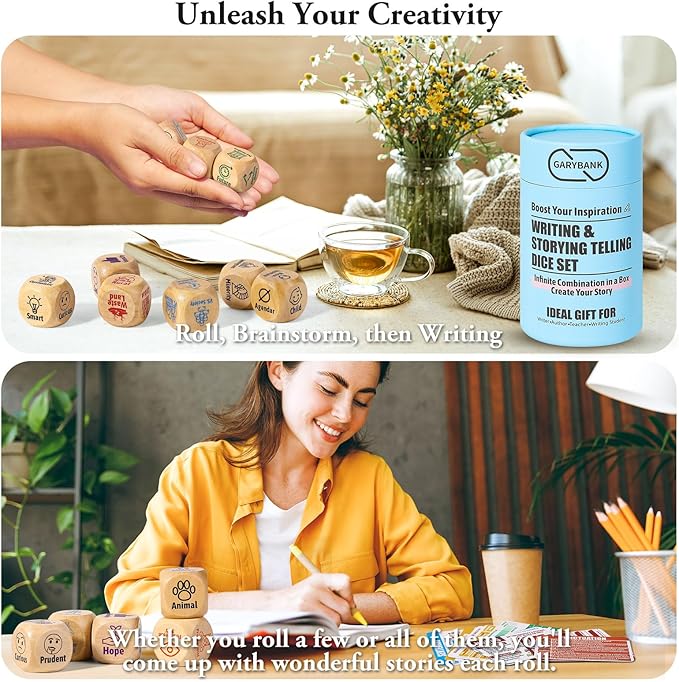 Garybank Creative Writing Prompts Dice Set - Writers Gifts, W/13 Writing Skill Cards - Story Writing/Telling Game for Kids & Adults - Set of 9 Story Cubes for Inspiration - Gifts for Teacher Christmas