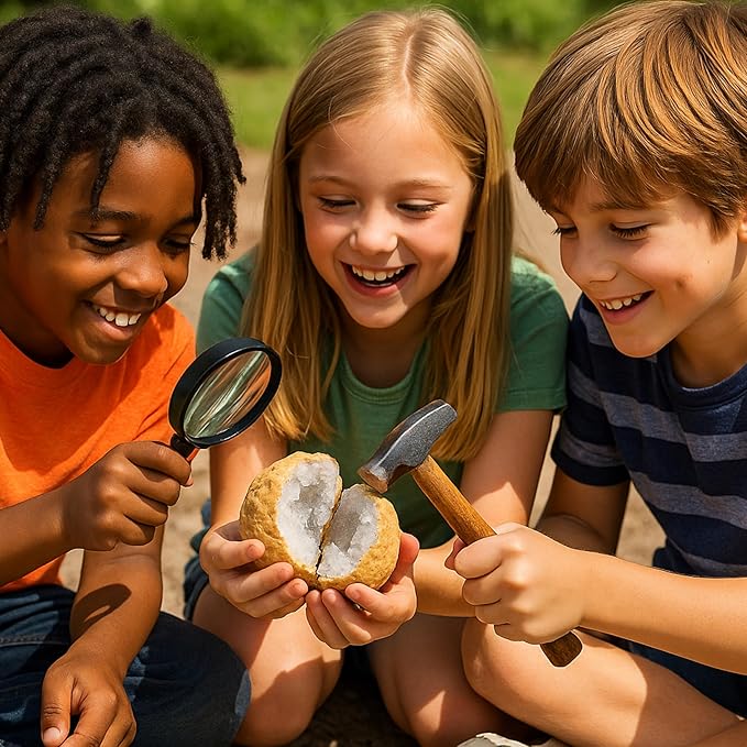 Break Your Own Geode Kit – 10 Natural Geodes 2.75 to 3.5 Inch Crack-Open Experience + Easy to Open + Tools + Geologist Guide – Less Effort for Easy Reveal – STEM Activity + Collectable Gems - Large