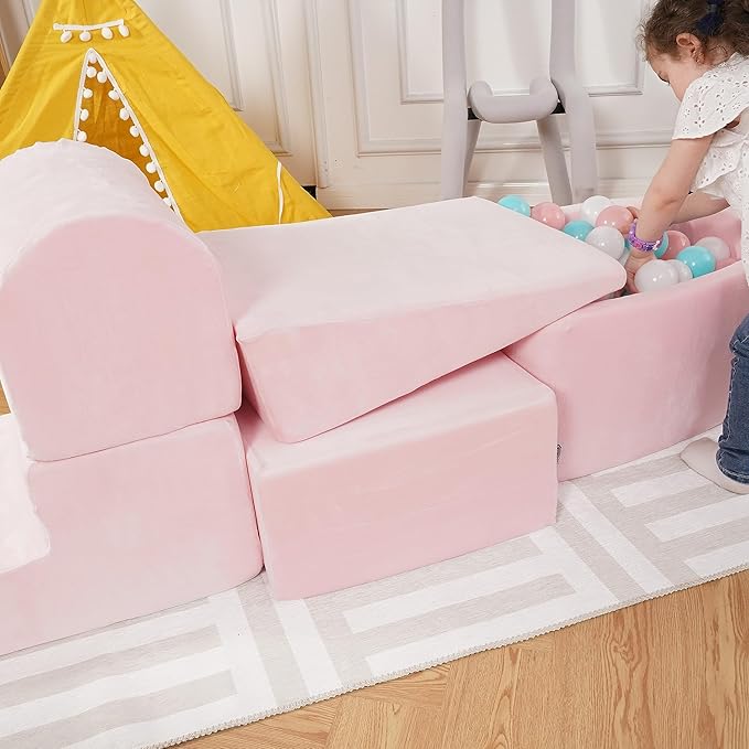 Foam Climbing Blocks for Toddlers & Babies – 5-Piece Soft Playset with High-Density Memory Foam & Velvet Cover – Indoor Climb and Crawl Activity Play Set for Motor Skills Imaginative Active Fun - Pink