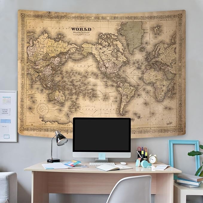 GOAOK Retro Vintage Map World Map Tapestry, 90"x70", Polyester, Wall Mount, Bedroom & Office