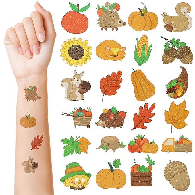 Landhoow 240 Pcs Fall Tattoos Temporary Autumn Glitter Face Tattoos Cool Body Sticker Costume Accessory Tattoos Party Favor