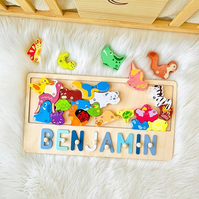 Name Puzzle for Kids Personalized, Custom Name Puzzle, Personalized Baby Birthday Gift,Name Puzzles for Toddlers 1-3 Montessori Toy for 1-3 (Jungle Animal)