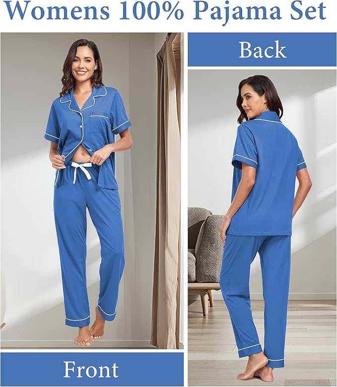 CF Womens 100% Cotton Pajamas Set Button Down Pjs Sets Short Sleeve Top & Long Pants Sleepwear Comfy Loungewear with Pockets