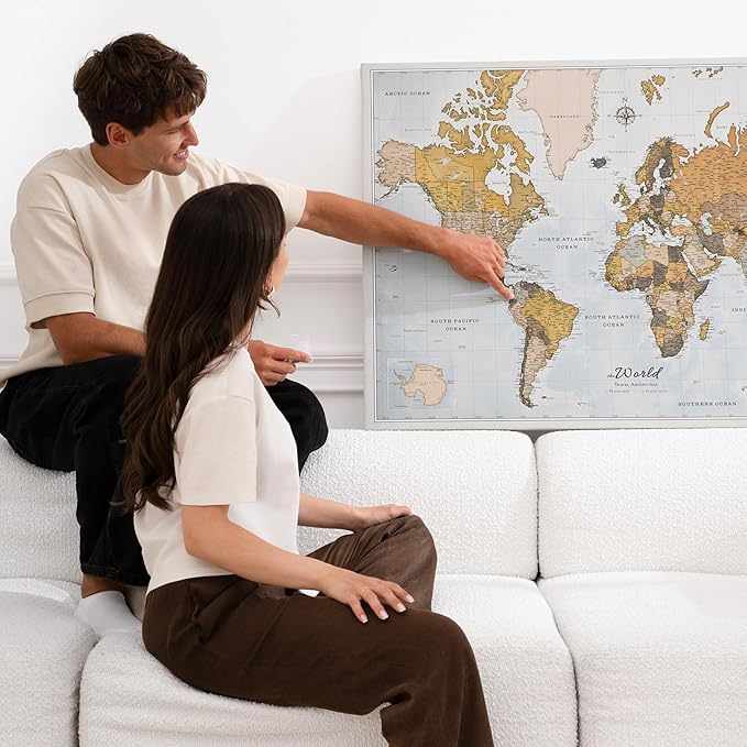 Canvas World Map with Cork Pin Board - English Lettering - Decorative Wall Decoration for All Rooms - Canvas Pictures with World Map Motif (120x80 cm, Pattern 14)