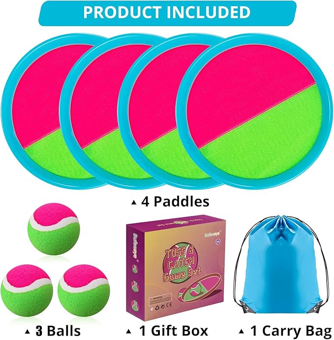 Beach Games, Outdoor Toys for Kids Ages 4-8, Toss and Catch Ball Set, with 4 Paddles 3 Balls, and 1 Storage Bag, Beach Toys Easter Gifts for Kids -2 Pink + 2 Blue