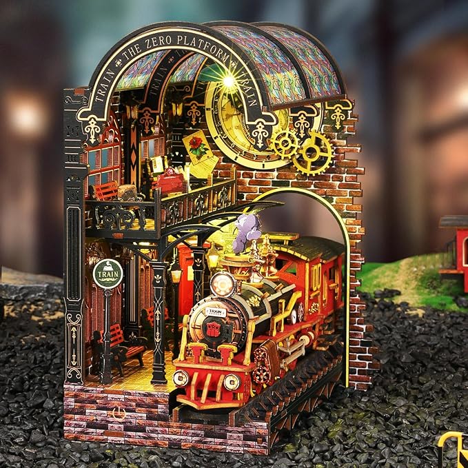 DIY Book Nook Kit for Adults - LED Magic Station Book Nook with Steam Train, Mini House Bookshelf Decor 3D Wooden Puzzles with LED Light, Alley Model Build Birthday Gift for Family, Friends