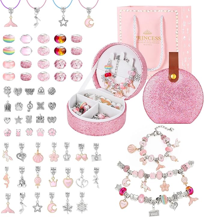 Emibele Girls Charm Beads Bracelet Making Kit with Portable Jewelry Box, Jewelry Making Kit for Kids Age 5 6 7 8-12, DIY Arts Crafts Toys for Teens Girls Gift Choices on Birthday Valentines Christmas