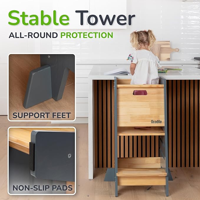 OCODILE Toddler Tower with a Sliding Door and 3 Adjustable Heights - Complete Toddler Kitchen Stool Helper with Support Feet - Safe Design for 18+ Months to 6-Year-Old Kids - Gray