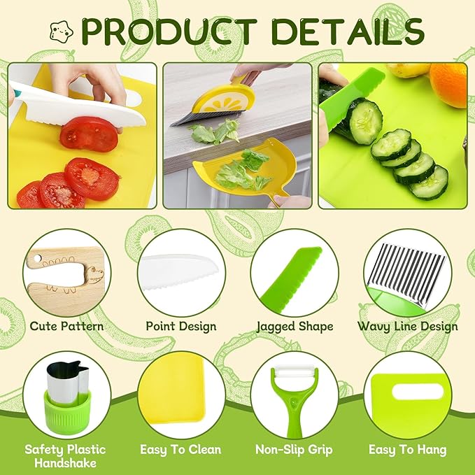 Chanking 15 Pieces Kids Safe Knife Set for Real Cooking Child-Friendly Plastic Chef Tools Montessori Kitchen Toys for Toddlers with Bright Colors Gifts for Boys and Girls