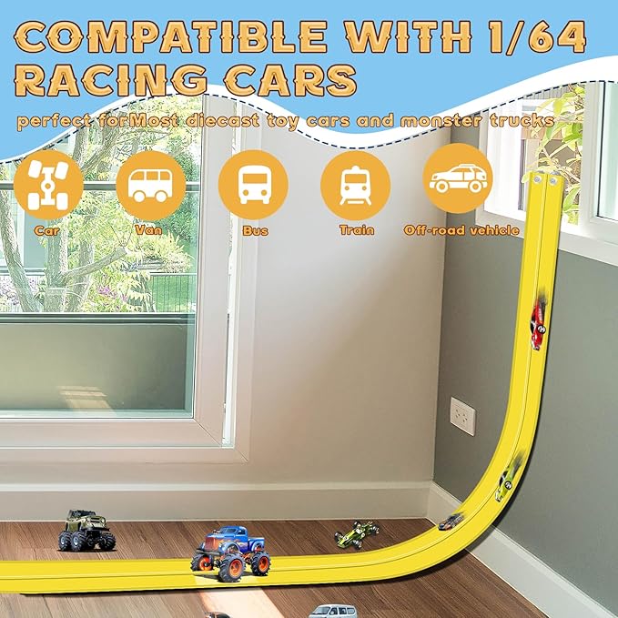 Flex Track 15 Ft Starter Set, Flexible Race Car Ramp Track for Ages 3 & Up with Suction Cups Compatible with Diecast 1/64th Cars