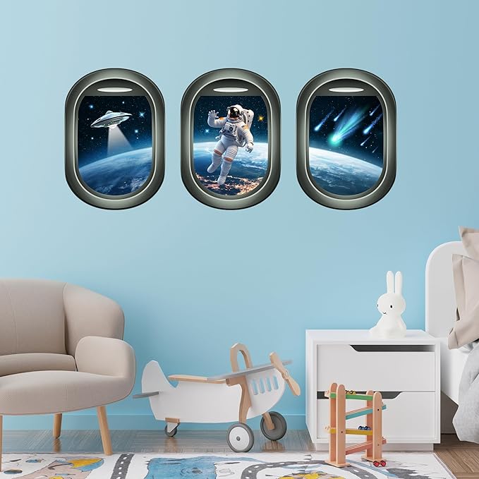 Glow in The Dark 3D Space Wall Decals, Set of 3 Galaxy Window Stickers for Wall, Space Themed Room Decor for Kids Boys (Green)