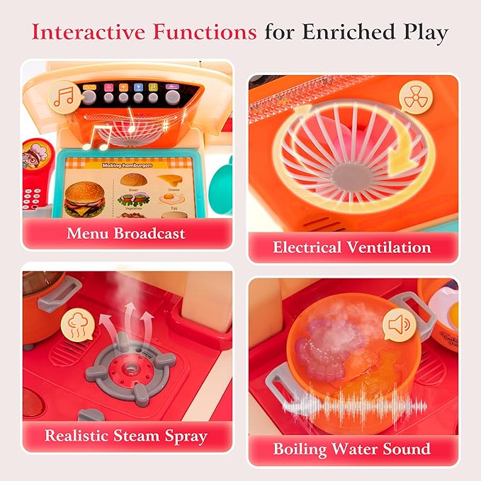 [2025 Upgraded] Kitchen for Kids & Toddlers Play Kitchen Set with Tablet Ordering, Music, Lights & Sounds, Steam Stove & Boiling Bubbles, Oven Dings, Faucet & Dishwasher,Easy-Install,Life Skills(Pink)