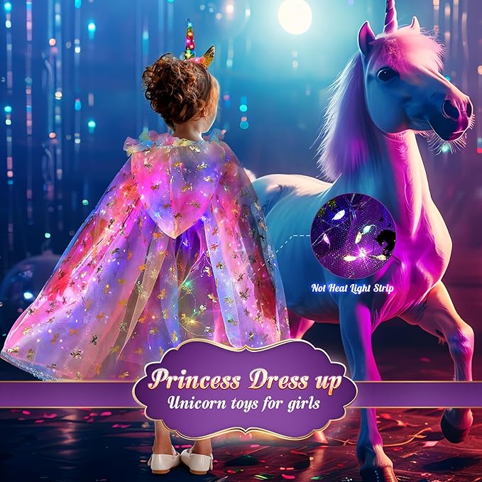 Fedio Princess Dress up for Girls,Unicorn Light up Princess Cape Set,Light up Princess Dress with Unicorn Toys for Girls 3-8 Halloween
