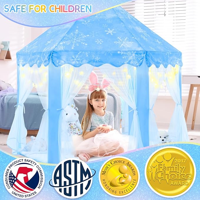 EVOIONOS Frozen Princess Tent for Girls, Kids Play Tent with Snowflake Lights, Castle Playhouse for Children Indoor Outdoor Games, 55 x 53 inches, Blue