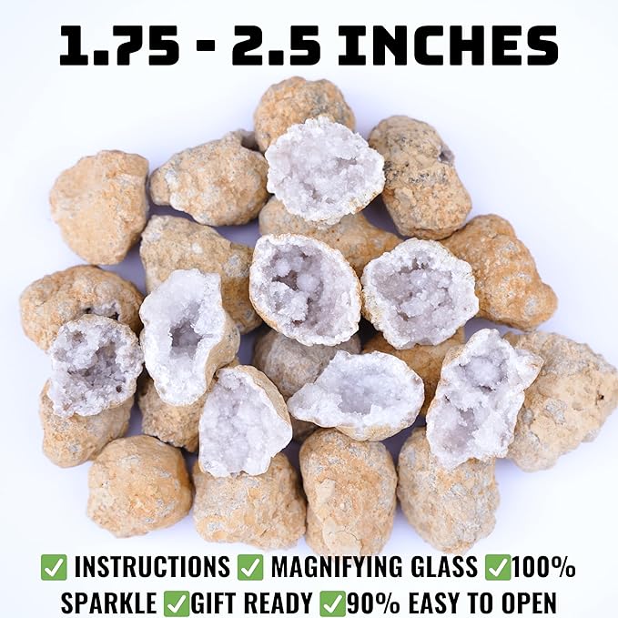 Break Your Own Geodes Kit for Kids – 20 Natural Crystal Geodes (1.5–2.5”) with Magnifying Glass & Learning Guide – Fun STEM Science Rock Kit for Kids Ages 6–12 – Gift-Ready Educational Set