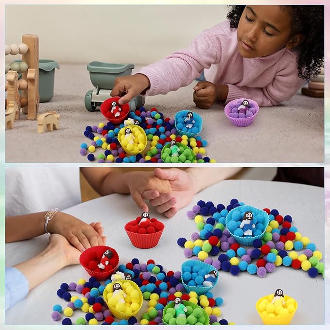 235 Pcs Jesus Sensory Bin Filler Fine Motor Toys Counting Sorting 200 Felt Pompoms 24 Mini Jesus Figures 5 Tweezers 5 Silicone Plates 1 Storage Box, for Counting Sorting Christian Gifts Fillers