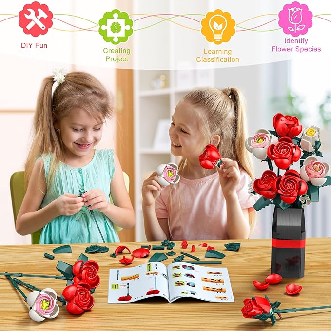 Flowers Bouquet Building Block, 841Pcs Roses Building Set with Vase, Home Office Creative Decoration, Valentine Day, Birthday, Christmas Ideal Gift for Kids, Adults