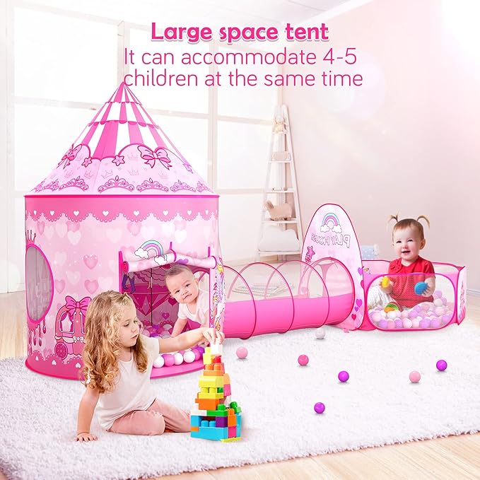 3PC Princess Tent for Girls with Kids Ball Pit and Crawl Tunnel for Toddlers, Pink Pop Up Playhouse Toys Indoor& Outdoor for Birthday Gifts