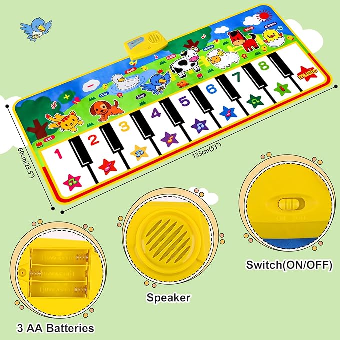 Piano Mat - 53" x 23" Musical Mat 8 Animals Sounds Dance Mat for Kids Touch Play Dancing Mat Toy Gifts for 1 2 3 4 5 6 Year Old Girls Boys