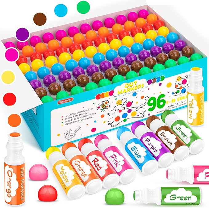 Soucolor 96-Pack Washable Dot Markers for Kids & Toddlers | 8 Vibrant Colors | Non-Toxic Bingo Daubers | Preschool Arts & Crafts, Classroom Supplies | Paint Dabbers for Endless Creative Fun