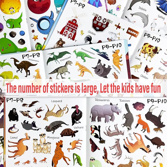Sticker Book for Kids, Set of 5, 1310+ Dinosaure Animal Stickers & 40 Scenes Reusable Activity Sheet, Seek and Find Coloring Pad, for Boys Girls Toddlers Ages 2-4 4-8 Years Old 3-5 6-7