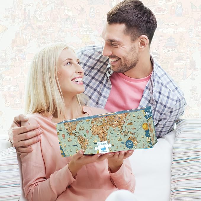 MOMIBOOK Puzzles for Adults 1000 Pieces Jigsaw Puzzles of Journey Through The World, Painting Image World Map Difficult Challenging Impossible Puzzle Unique Funny Party Christmas Birthday Gifts