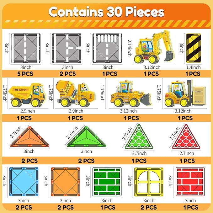 Oriate Magnetic Tiles Engineering Construction Vehicle Road Set,Kids Toys Games with Magnetic Blocks STEM Educational,City Sensory Magnet Tiles,Birthday Gifts for Kids ages 3+ Boys Girls Toys with Car