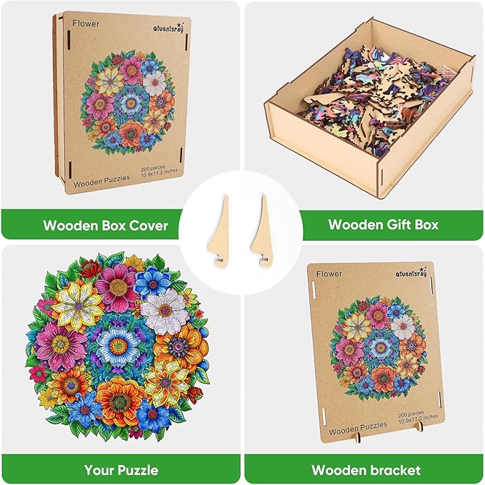 Wooden Puzzles for Adults 200 Pieces, Christmas Colourful Flower Plants Jigsaw Puzzles for Adults, Unique Shape Animal Puzzles, Irregular Wood Gift for Family Game (12.4x11.4 in)