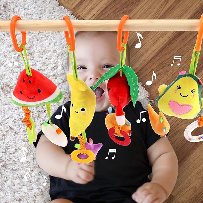 KAKIBLIN Baby Hanging Toys, 4 Pack Carseat Toys,Early Baby Cognitive Sensory Soft Hanging Toy for Crib Stroller Gym Mobile Plush Toy,Suitable for Babies 0-12 Months,Fruit