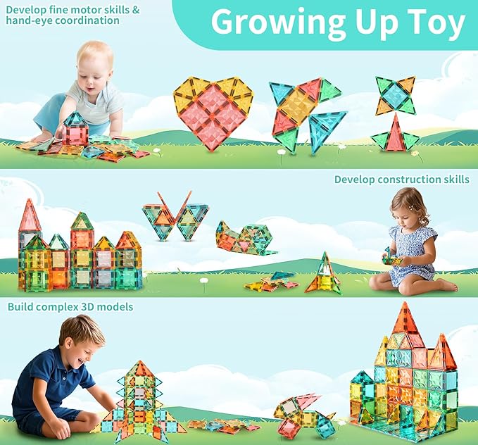 Magnetic Tiles,Magnet Building Blocks Construction Stacking Educational Toy Creative Playboard for Kids Ages 3+ (032 Pieces)