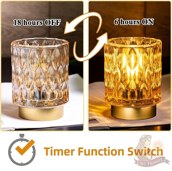 Battery Operated Table Lamps Timer, Mini Crystal Lamp for Area No Plug, Cordless Lamp with LED Bulb for Power Outage, Decorative Lamps for Tabletop/Corner/Entryway/Stairway/Bathroom/Fireplace(2*AMBER)