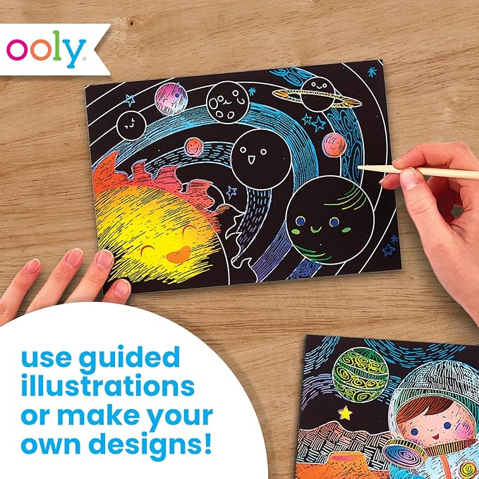 Ooly Scratch & Scribble 10pc Art Kit with 8 Total Scratch Cards (4 Illustrated, 2 Blank, 2 Rainbow) with Scratching Tool and Sparkled Stickers, Art Set Gifts for Kids - Space Explorers