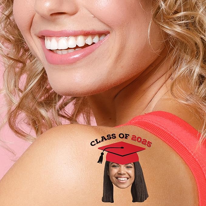 Big Dot of Happiness Custom Photo Red Grad Cap, Personalized Graduation Party Favors, Fun Face Temporary Tattoos, Set of 12