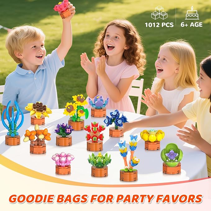 24 Pack Flowers Succulents Party Favors for Kids Building Set - 1012 PCS Botanical Bonsai 3.6MM Mini Building Blocks Toy for Classroom Prizes Easter Basket Stuffers Birthday Gift for Girl Boy Ages 6+