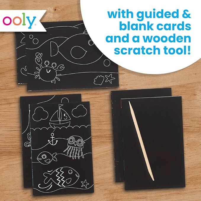 Ooly Mini Scratch & Scribble Art Kit - 6 Card Rainbow Scratch Art Set Gifts for Kids, Travel-Friendly Craft Kit, Scratching Tool Included - Friendly Fish