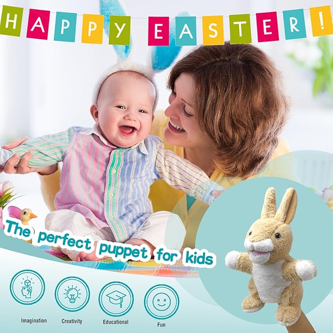 Bunny Hand Puppets Bunny Plush Puppets,9" Realistic Bunny Stuffed Animal Puppets for Kids Bunny Puppet for Adults with Movable Mouth, Bunny Toys Easter Bunny Hand Puppets for Toddlers