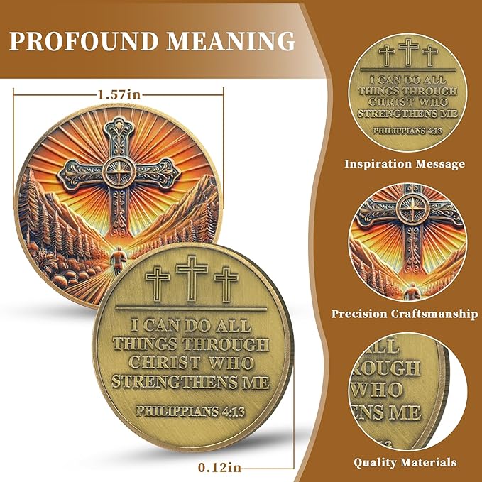 5 Pcs Philippians 4:13 Christian Challenge Coin – Path of Faith Religious Token with Bible Verse – I Can Do All Things Through Christ – Inspirational Gift for Men & Women