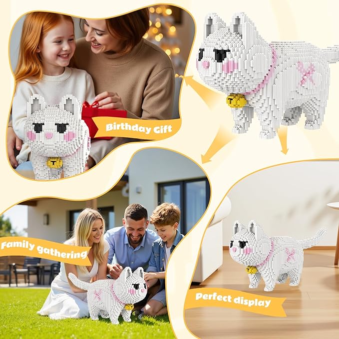 Animal White Striped Bell Cat Micro Mini Building Blocks Sets Large Cute Cat Building Kits Model Toys Gift Adults Kids Teens 5760 PCS