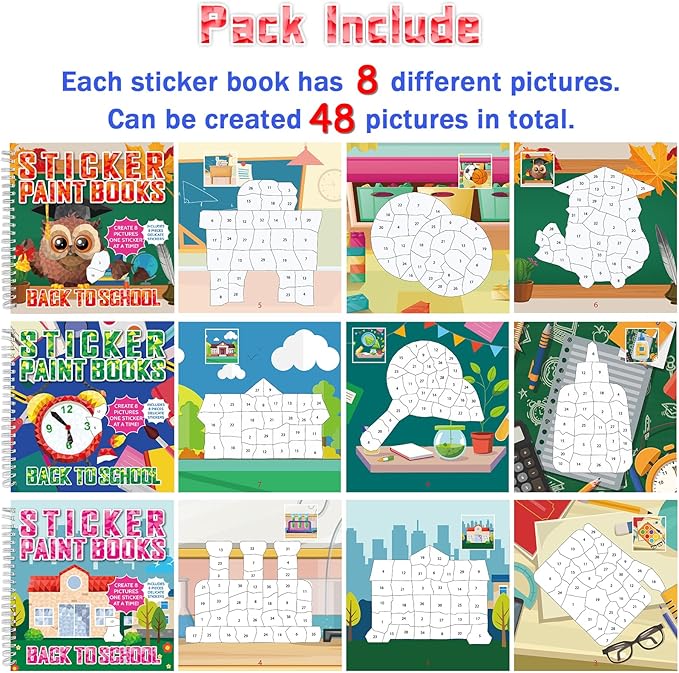 6Pcs Back to School Paint by Sticker Books Back to School Sticker by Number Books Activity Book Puzzle Book Craft Art Gift with School Bus Apple Owl Alarm 48 Pictures Party Favors