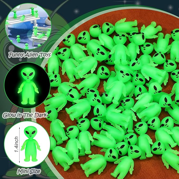 200 Pcs Mini Alien Figures Glow in The Dark Small Little Tiny Aliens Figurine to Hide and Seek for Space Party Favors Prank Rubber Toys Bulk Gifts for Halloween Party Goodie Bag Fillers