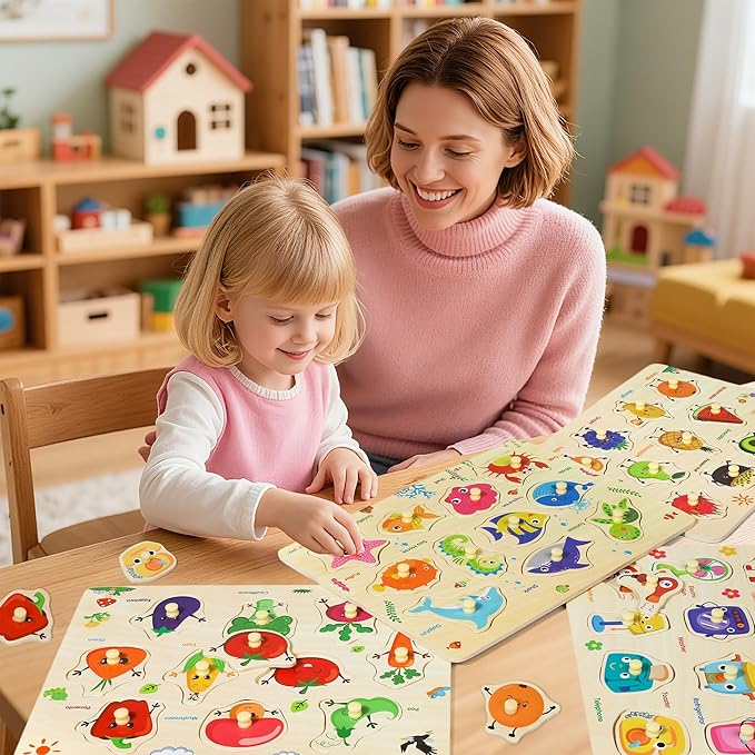 Wooden Peg Puzzles for Toddlers, 4 PCS Toddler Puzzles Set-Fruits, Sea Animals, Home Appliances, Vegetables, Baby Puzzle Montessori Toys for 3 4 5 Years Boys Girls, Kids Preschool Learninng Toys Gift