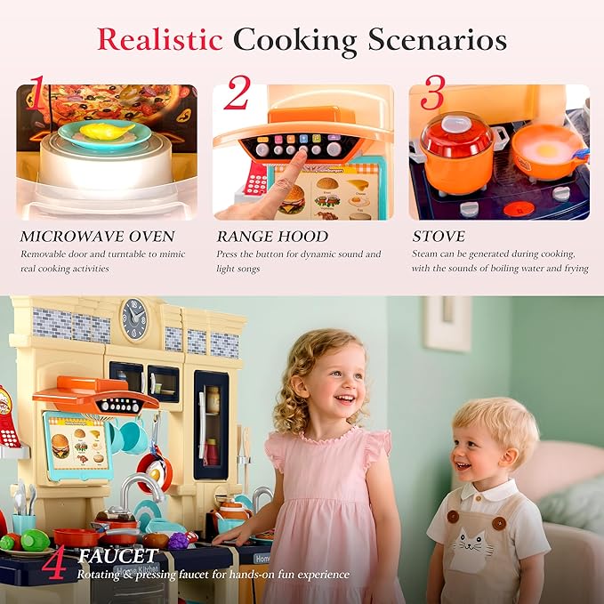 [2025 Upgraded] Kitchen for Kids & Toddlers Play Kitchen Set with Tablet Ordering, Music, Lights & Sounds, Steam Stove & Boiling Bubbles, Oven Dings, Faucet & Dishwasher,Easy-Install,Life Skills(Blue)