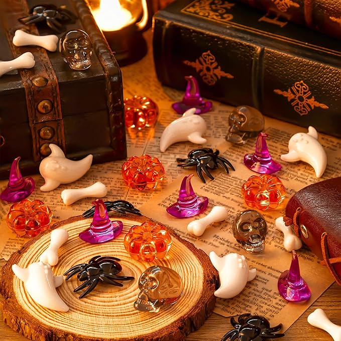 110 Pcs Halloween Vase Filler, Mini Acrylic Pumpkin Ghost Skull Spider Witch Hats Gems for Centerpieces Table Decorations, Halloween Sensory Bin Filler for DIY Crafts