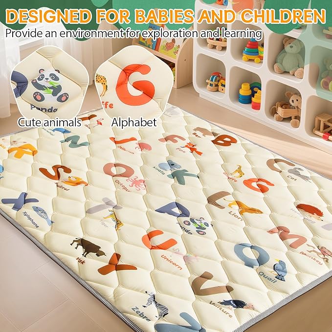 Baby Play Mats for Floor - 50x50 Playpen Mat - Cushion Play Mat for Babies and Toddlers Infants - Foam Play Mat Non-Slip & Machine Washable - Animals Alphabet Design