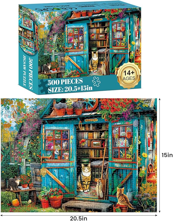 500 Piece Puzzle for Adults Jigsaw Puzzles Cat Puzzles, Book House Puzzles for Elderly Kids Teens, Artistic Decorations, Educational Toys Challenging Activity Gift Family Puzzle Lovers for Friends