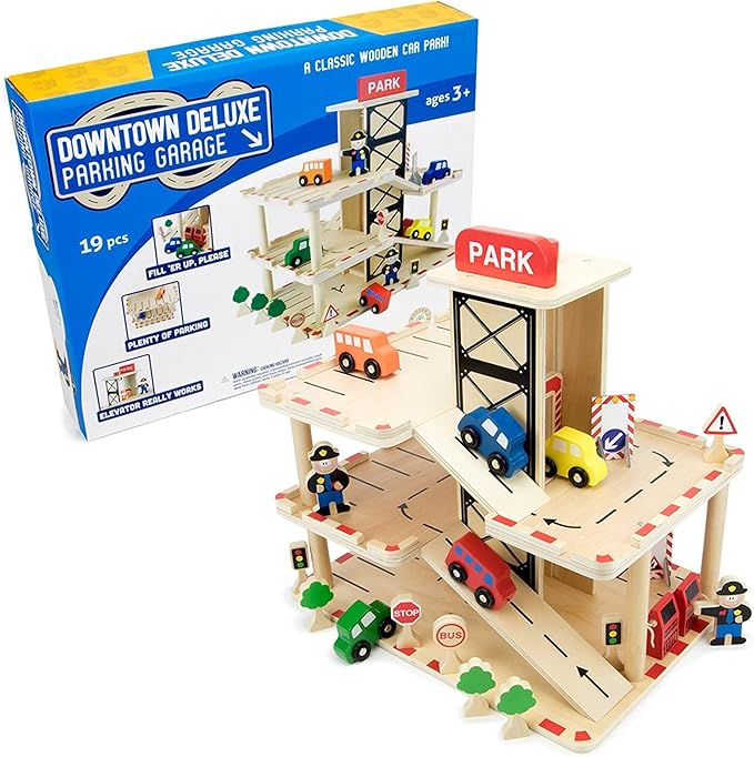 Imagination Generation Downtown Deluxe Wooden Parking Garage Ramp & Service Station Playset with Elevator, Signs & Accessories for Mini Toy Cars (19 pcs)