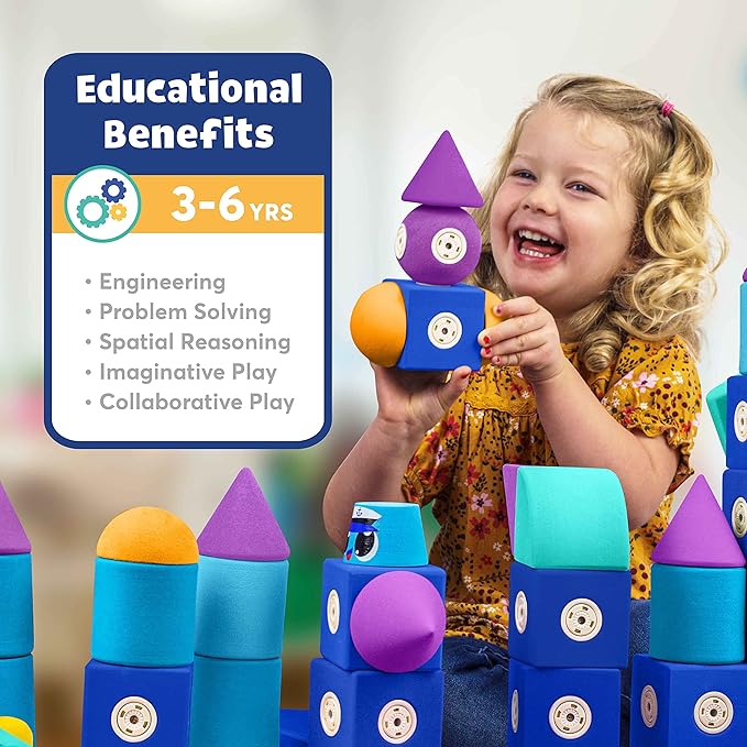 Blockaroo Magnetic Foam Building Blocks - 50-Piece Set, Bath Toys for Toddlers, Preschool Toys, Bathtub Toys, Sensory Toys, Blocks for Toddlers 3-5, Engineering Toys for Kids 3-5, Bath Blocks