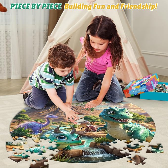 ELX 70 Piece Large Dinosaur Floor Puzzle for Kids Ages 5-8,United States Map & Dino Jigsaw Puzzles, Double-Sided Round Puzzles for Toddlers, Educational Toys for Boys & Girls (22.5 Inch)