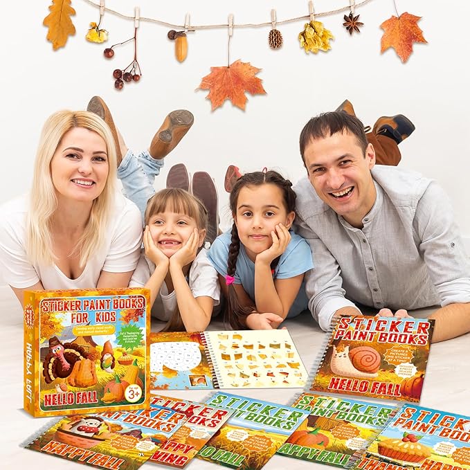 6PCS Thanksgiving Paint by Sticker Books Crafts for Kids Ages 4-8 Fall Activity Books with Turkey Pumpkin 48 Pictures