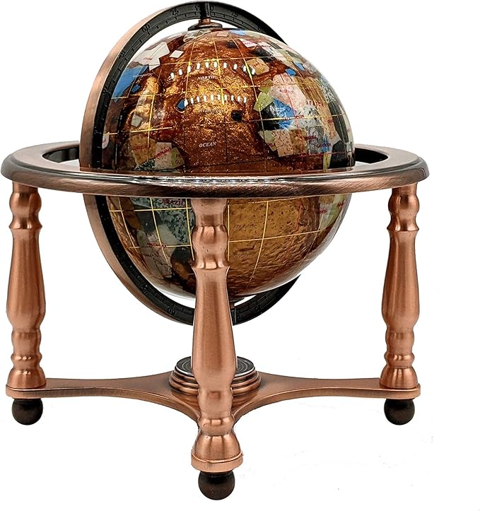 Unique Art 10-Inch Tall Table Top Amber Pearl Swirl Ocean Gemstone World Globe with Copper 4 Leg Stand (Amber-4 Leg - Copper)